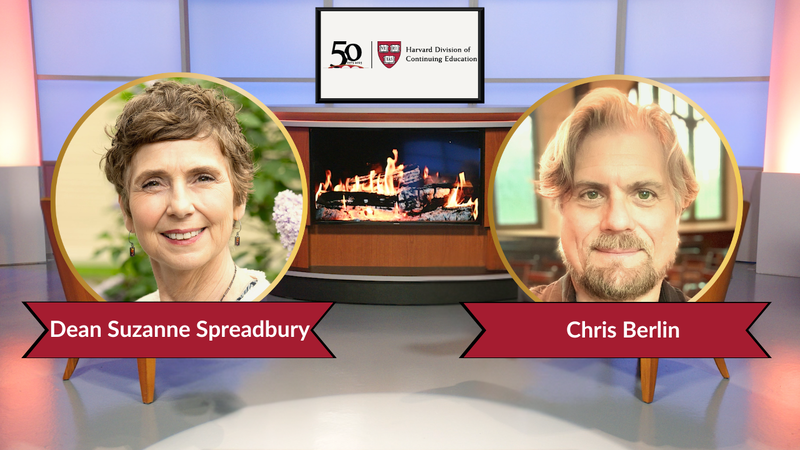 Decorative Image with two circular photos, one of Dean Suzanne Spreadbury and one of Chris Berlin